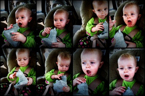 singing a happy song to her new concrete cat